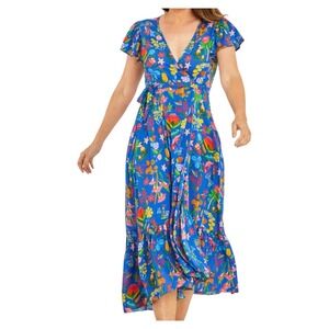 Ruby Yaya Australia Wrap Maxi Dress Size M Blue Bright Floral Boho Folk Art